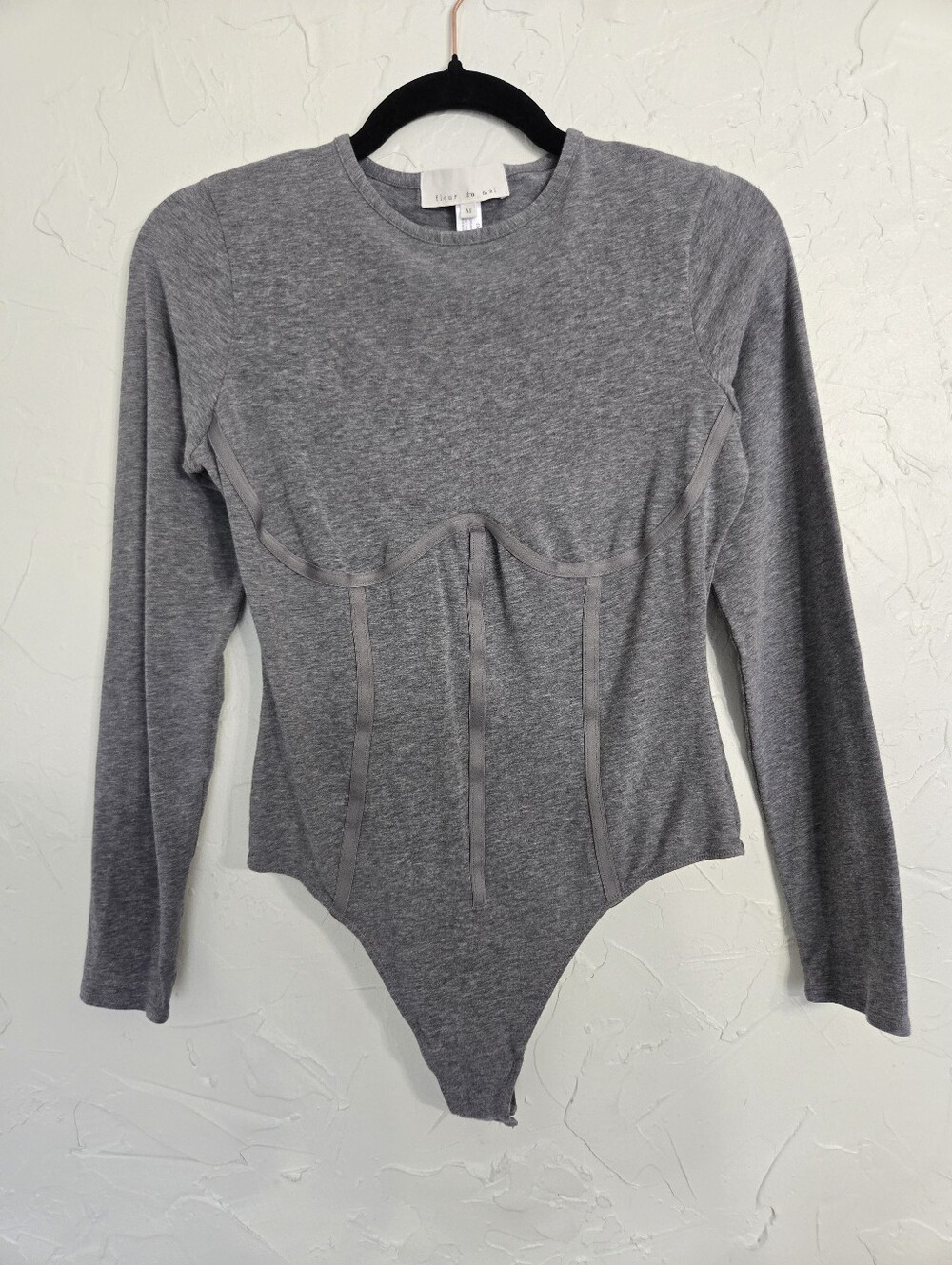 Fleur Du Mal Gray Cotton Long Sleeve Bustier Bodysuit, M - Picture 3 of 9